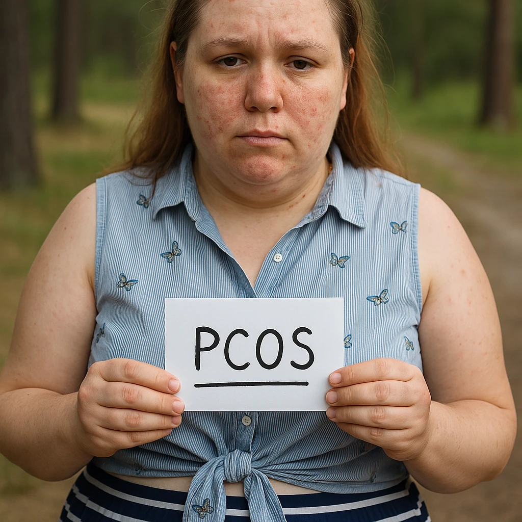 Realistic woman with PCOS inspired by the reference photo, slightly overweight body, skin with acne, thin hair, similar clothing, natural environment, hyperrealistic 4K details. emoji