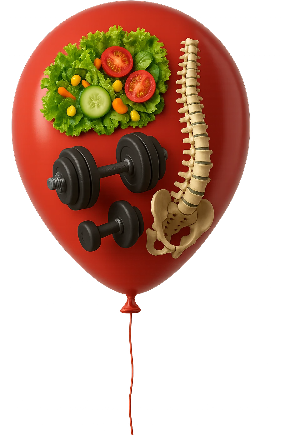 palloncino rosso con all'interno insalata, manubri da palestra e una spina dorsale anatomica realistica in 3d, isolato su sfondo bianco emoji