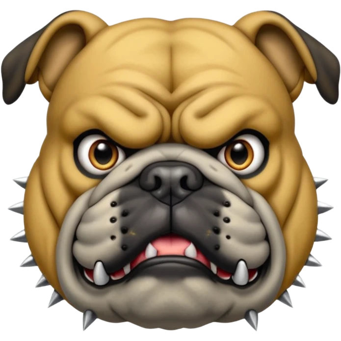 Create a fierce bulldog head emoji facing forward.
Strong jaw, deep wrinkles, and an intense scowl.
slight underbite with two visible fangs.
Blk & Gold gray fur with bold highlights and shading for depth.
Add a thick spiked collar (red or black) with shiny metallic spikes.
 emoji