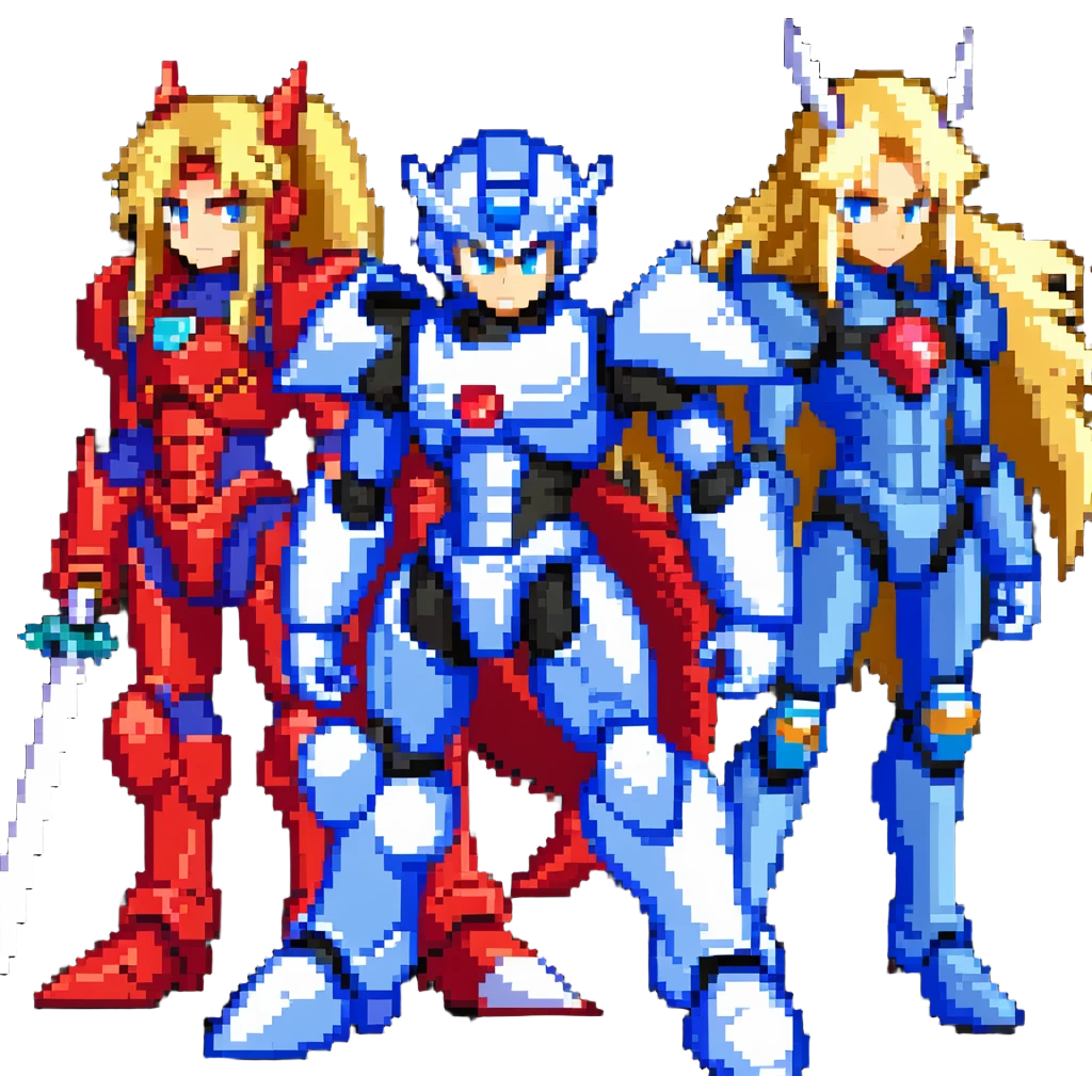 Megaman X in blue armor, Zero with long blonde hair and red armor, and Sigma with a scar, as friends posing together emoji
