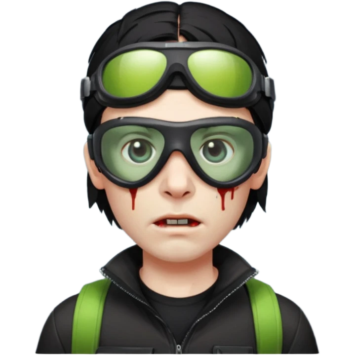 Zombie Emoji AppleIOS Style, lowfade Black Hair, Ski Goggles on right slide of The Head, and Black T-shirt emoji