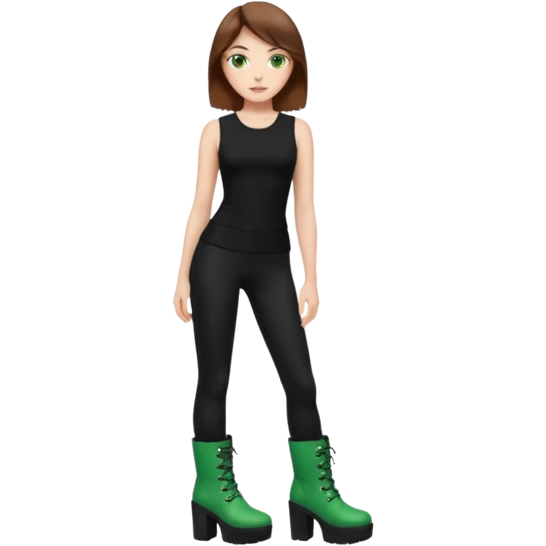 Create a Mistress with brown hair, green eyes, platform boots and black leggings and top emoji