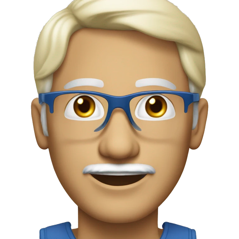 Homme de 65 ans, blond, lunettes, yeux bleus, souriant emoji