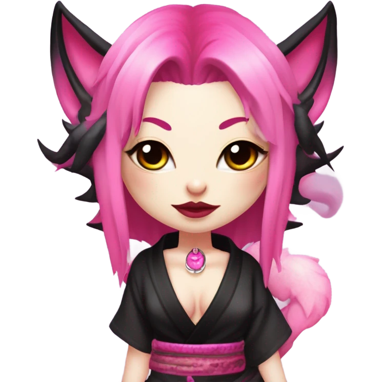 Full body female, succubus kitsune, neon pink eyes, vibrant pink hair, alabaster skin, fluffy black tails, pink tail tips, spiked choker, unique heritage, seductive charm, rebellious spirit, traditional kimonos, spiked anklets, and Barefoot 
 emoji