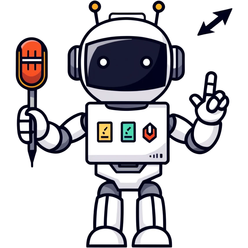vibrant sticker-style image of a robot holding a microphone and a scorecard, with a large arrow pointing down and the words: 'Click down here 👇' in a fun font emoji