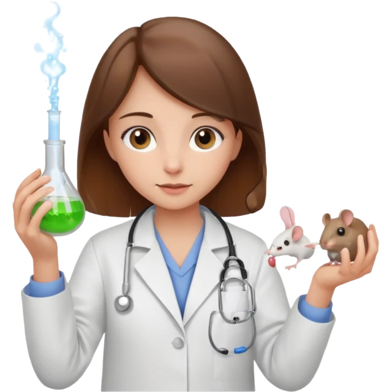 a cute brown haired girl with hazel eyes holding a white mice in hand doing experiment in lab emoji