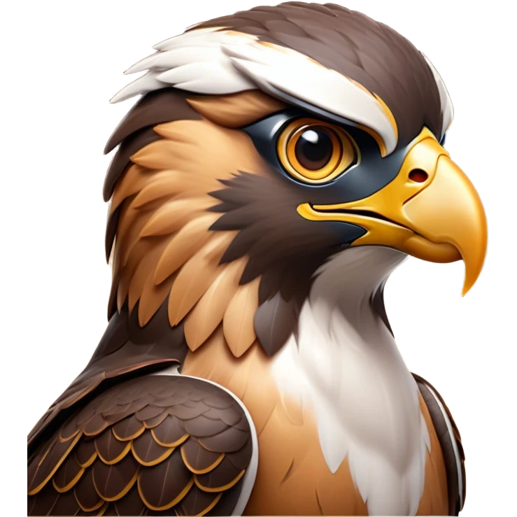 Cinematic Noble Falcon Portrait Emoji, Poised and majestic, with a streamlined, muscular build, a sharply hooked beak, and intense, piercing eyes that exude focus and speed, Simplified yet sharp and sophisticated features, highly detailed, glowing with a soft, amber radiance, high shine, intelligent and commanding, stylized with an air of aerial authority, focused and swift, soft glowing outline, capturing the essence of a watchful and confident falcon that appears ready to soar out of the screen with effortless power! emoji