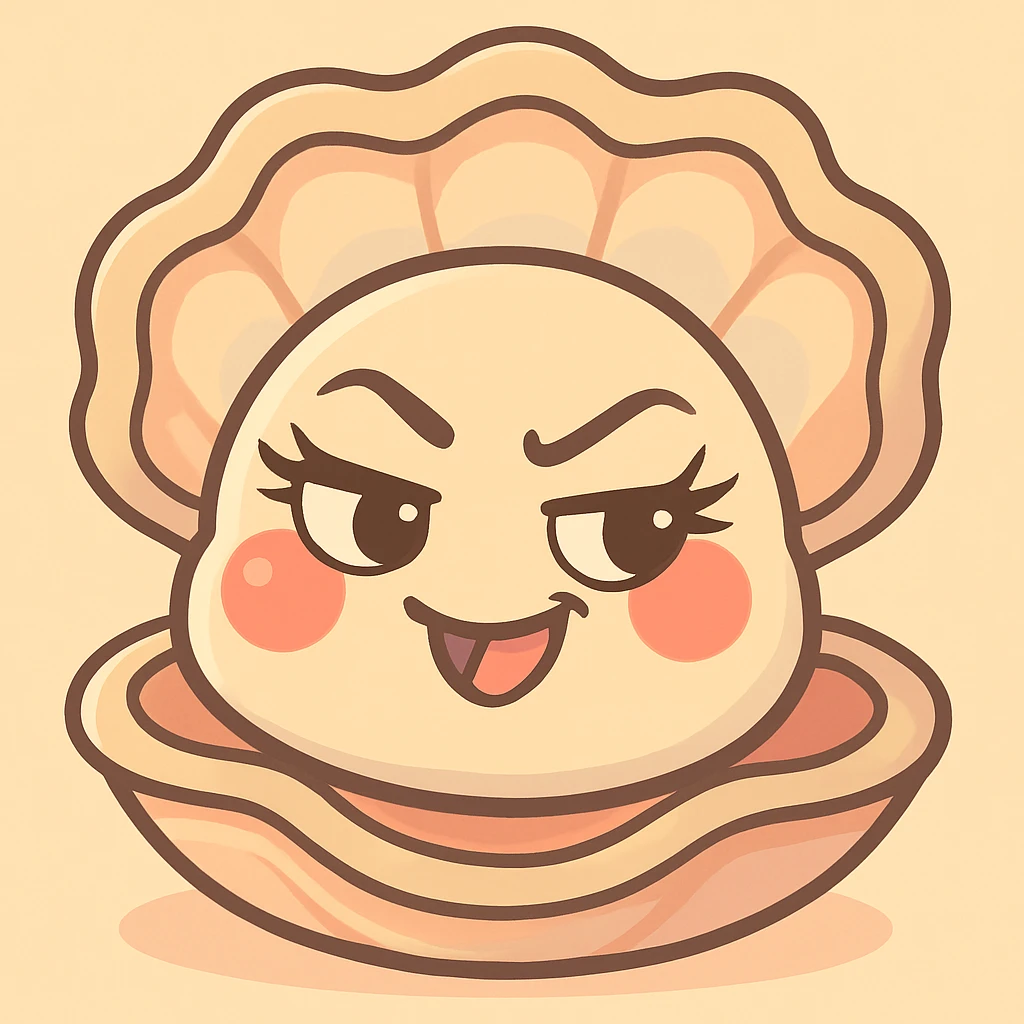 Add pretty eyelashes to the cute oyster, keep the subtle and bright pastel background, maintain the pearly reflections on the shell, the softness of the red cheeks, pastel toon details, mischievous expression, creamy, peach and greige texture, and the volume of the shell. emoji