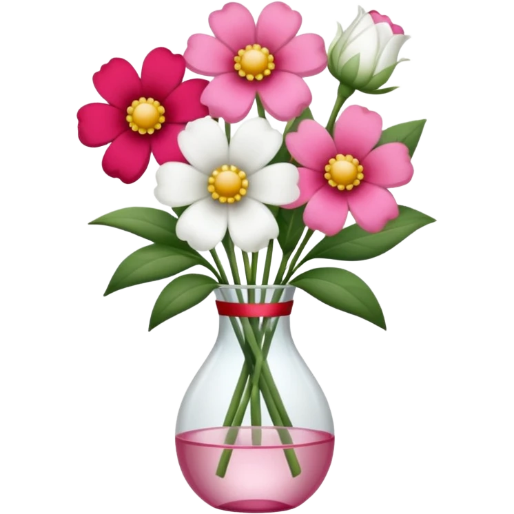 One pink flower and one white flower in transparent bouquet with red band  emoji