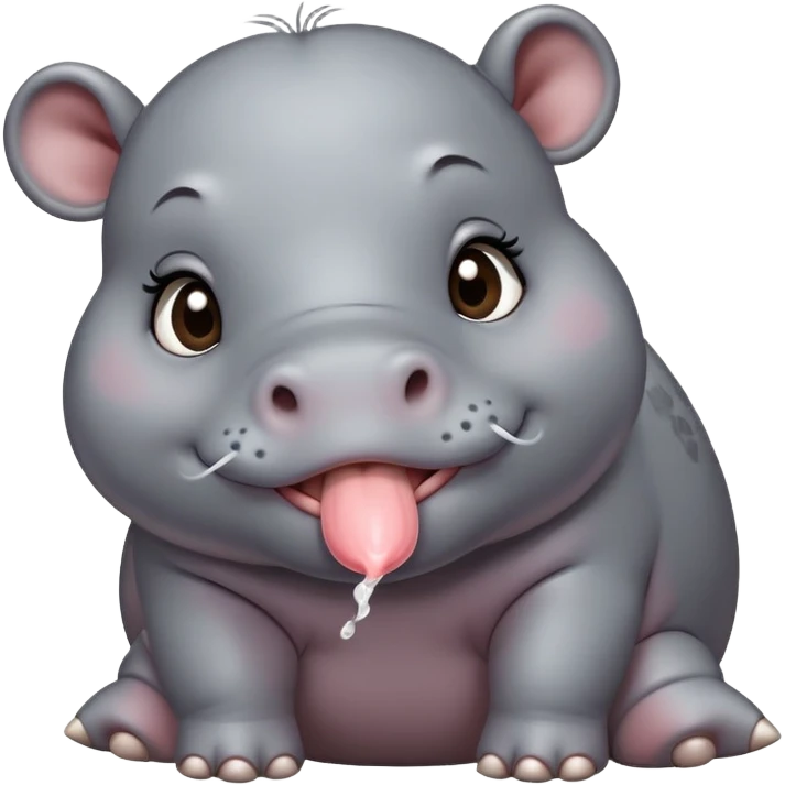 A cute little realistic contented hippo with brown/black eyes and gray skin tone blows a kiss emoji