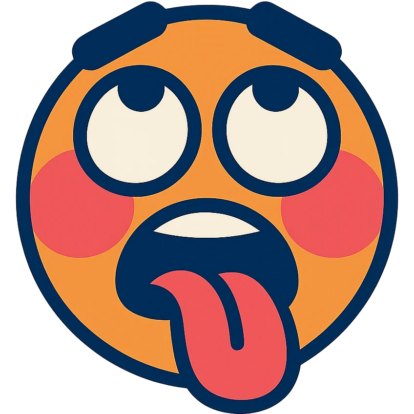 vibrant toon style blushing face with eyes rolled up and tongue out emoji