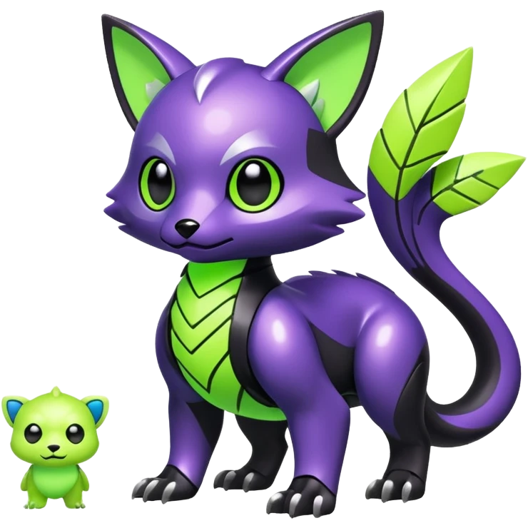 Futuristic modern Cute cool shiny metallic alloy black-obsidian purple neon-green white lime animal hybrid Fakemon full body emoji