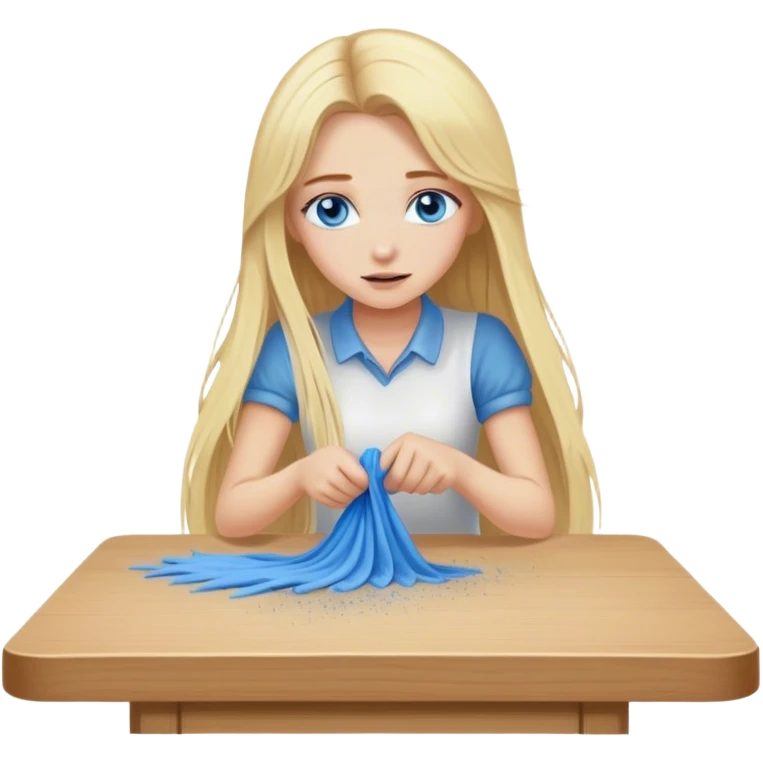 Cinematic realistic blonde with long hair, blue eyes wipes dust off the table emoji