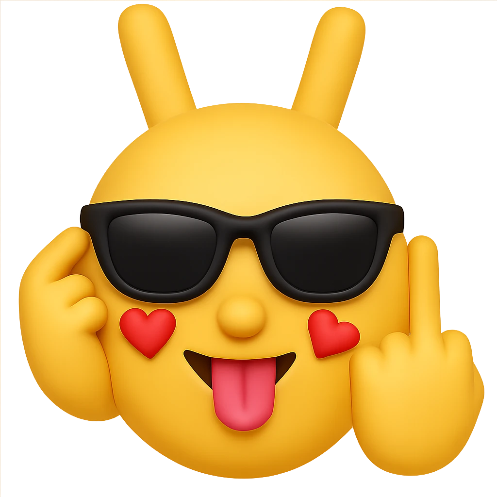 Add sunglasses to the emoji with heart eyes and a middle finger. Keep the background transparent. Maintain the emoji style and expression as in the reference image. emoji