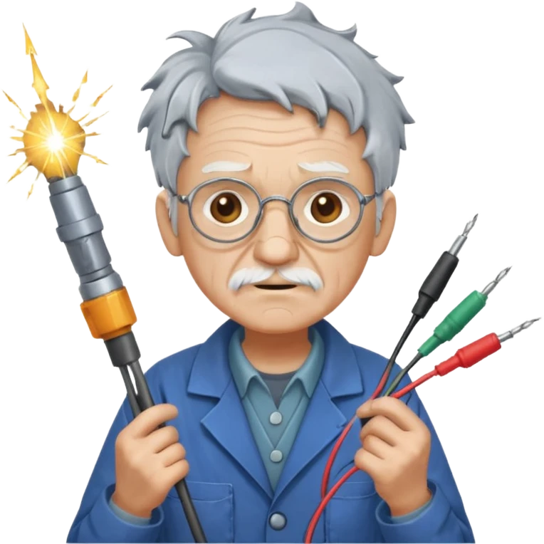 A scatteredbrained old tinkerer with messy workshop coat, holding sparking wires.
 emoji