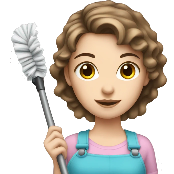 white girl with short brown hair and blue eyes cleaning emoji