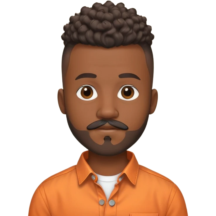 i need a black man with a mohawk in the center and a blad from sides and a beard and a moustache be should be wearing an orange button up shirt with no collar and a round neck and he should be balck and the hairs should be curly emoji