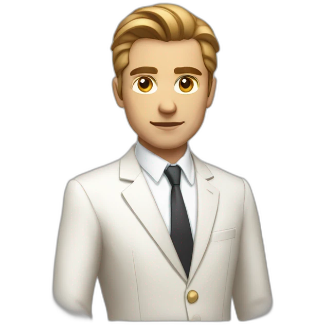Man long light brown hair slicked white suit white shirt serious expression emoji