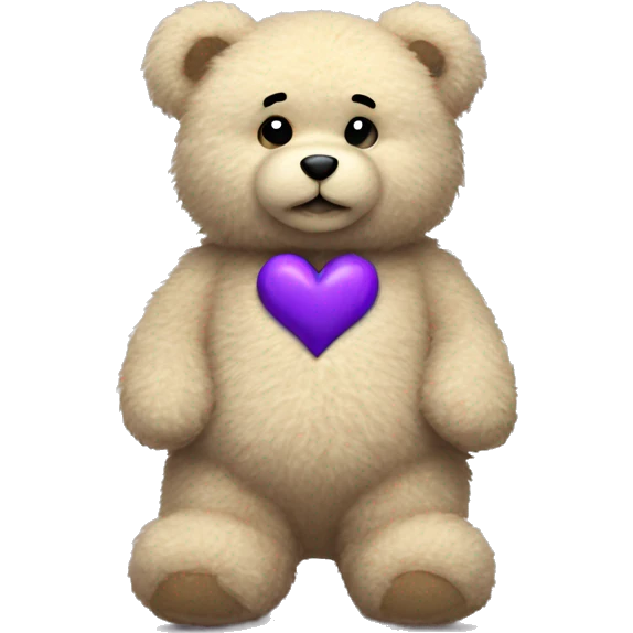 Beige fluffy teddy bear with small purple heart patch on chest emoji