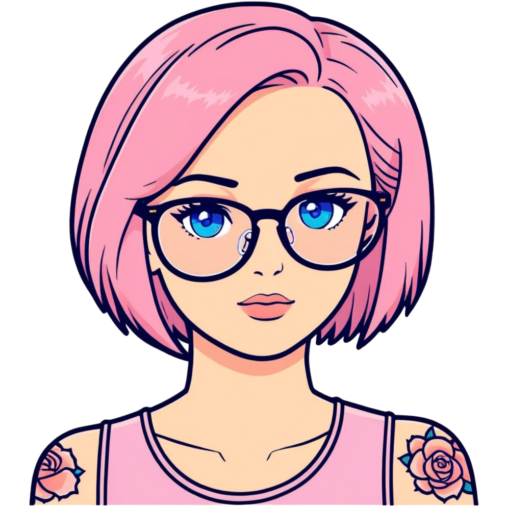 Realistic beautiful woman model, blue eyes and glasses, pink shoulder length hair, shoulder tattoo  emoji