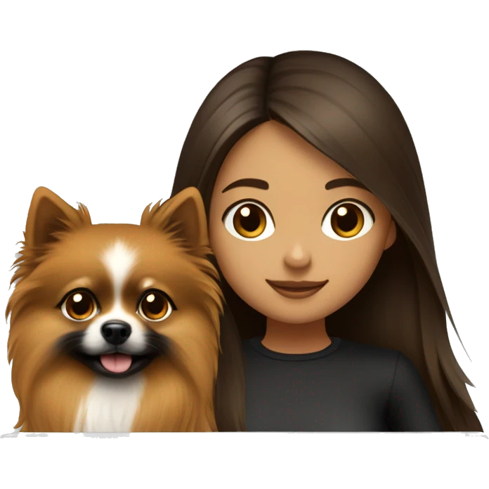 girl with long hair, white skin, brown eyes, working on laptop, while her black-and-tan pomeranian is next to her emoji