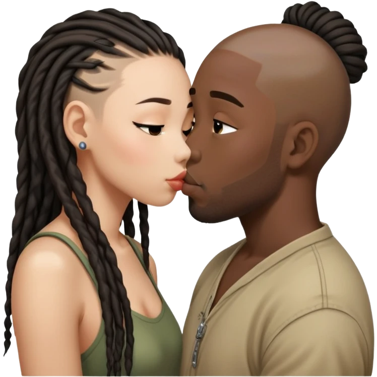 Half shaved head Asian girl kissing black guy with dreads emoji
