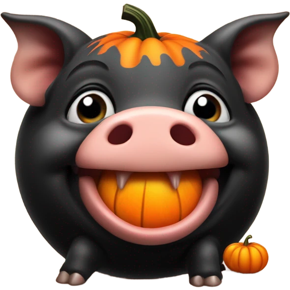cute baby black pig biting pumpkin emoji