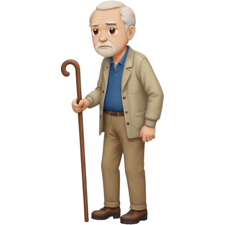 Old man leaning on a walking cane and holding his crancky back with his hand, grumpy face, detailed. Side view with the man going right emoji
