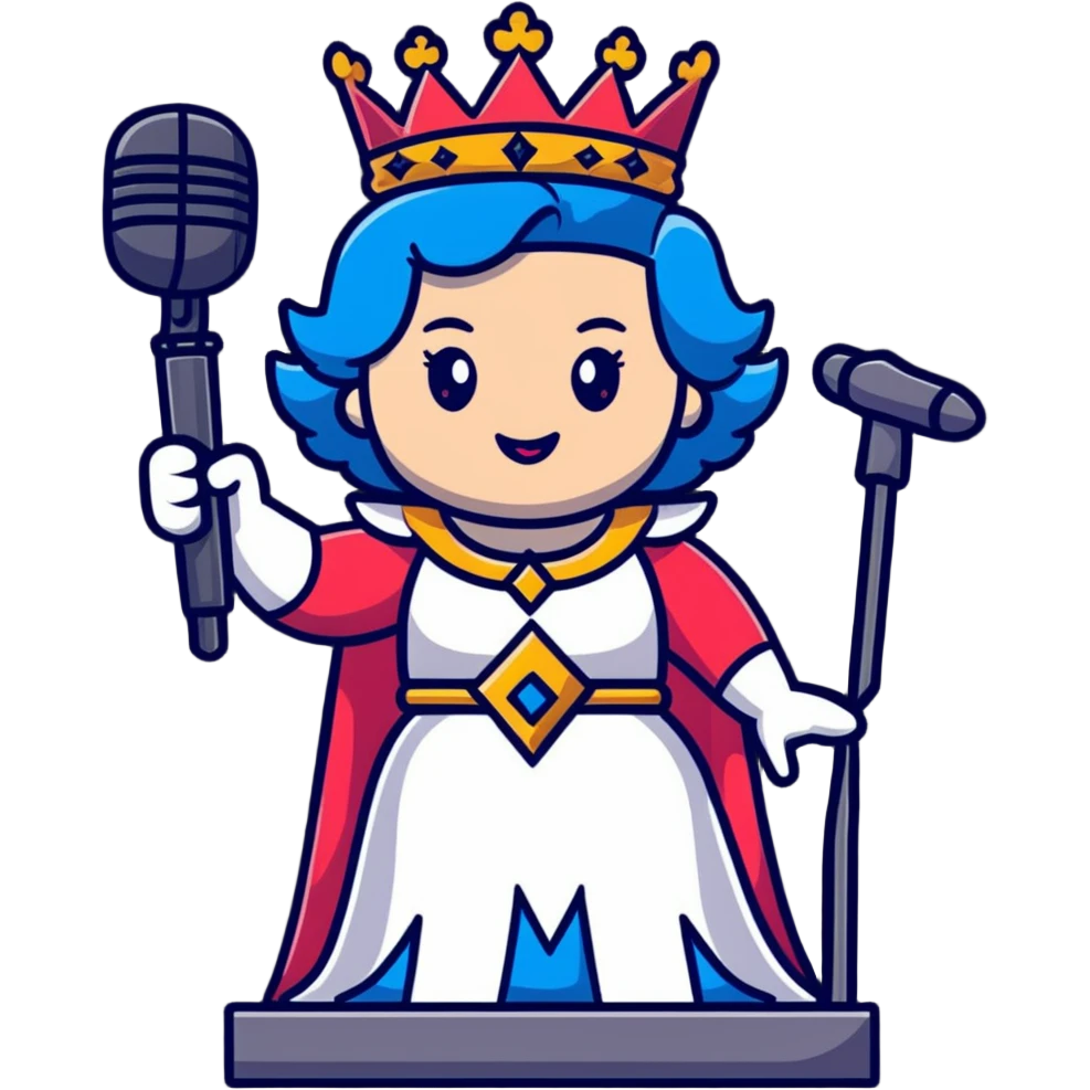 rock and roll queen with crown, microphone, rock star pose, energetic emoji