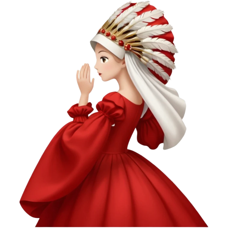 mujer de perfil con un vestido rojo de manga y falsas largas y voluptosas, y una toca blanca GRANDE que no se le ve la cara porque la toca la cubre emoji