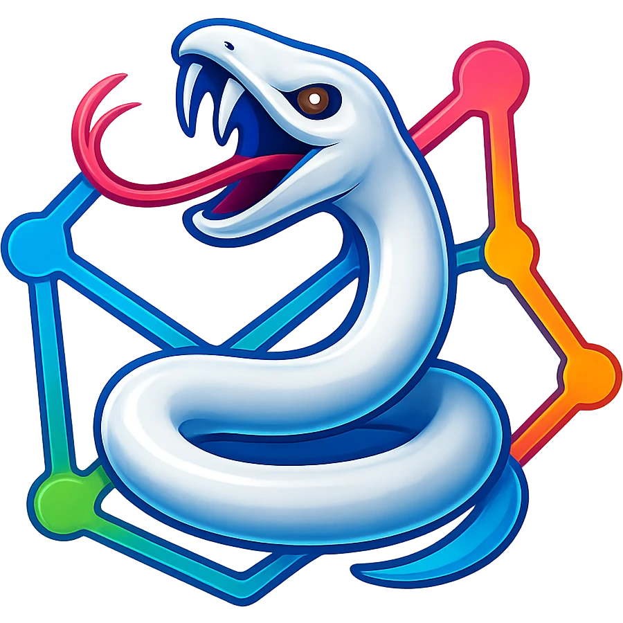Transform the image into a 3D, colorful logo featuring a white snake weaving through digital network lines. Use vibrant colors and make it shiny and dimensional, inspired by the reference image. emoji