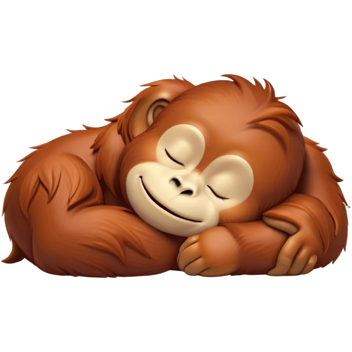 Meme-Worthy cute Sleeping Orangutan Portrait Emoji, Head resting peacefully with a contented smile, showcasing luxuriously soft fur and eyes gently closed in serene slumber, Simplified yet comically adorable features, highly detailed, glowing with a soft, drowsy jungle light, high shine, relaxed and utterly lovable, stylized with an air of playful laziness, bright and heartwarming, soft glowing outline, capturing the essence of a sleeping orangutan that feels destined to become the next viral icon of adorable rest! emoji