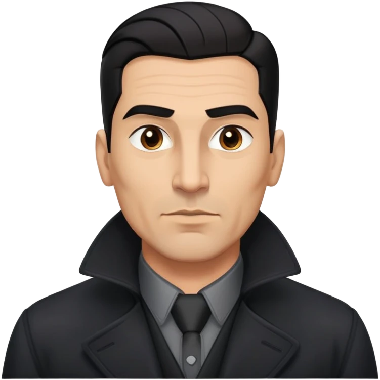 Athletic Hispanic man in his 40s-50s with light brown skin, short straight black hair slicked back with fade on sides, square face with strong jawline, thick eyebrows, wide nose, wearing black overcoat with gray buttoned shirt underneath emoji
