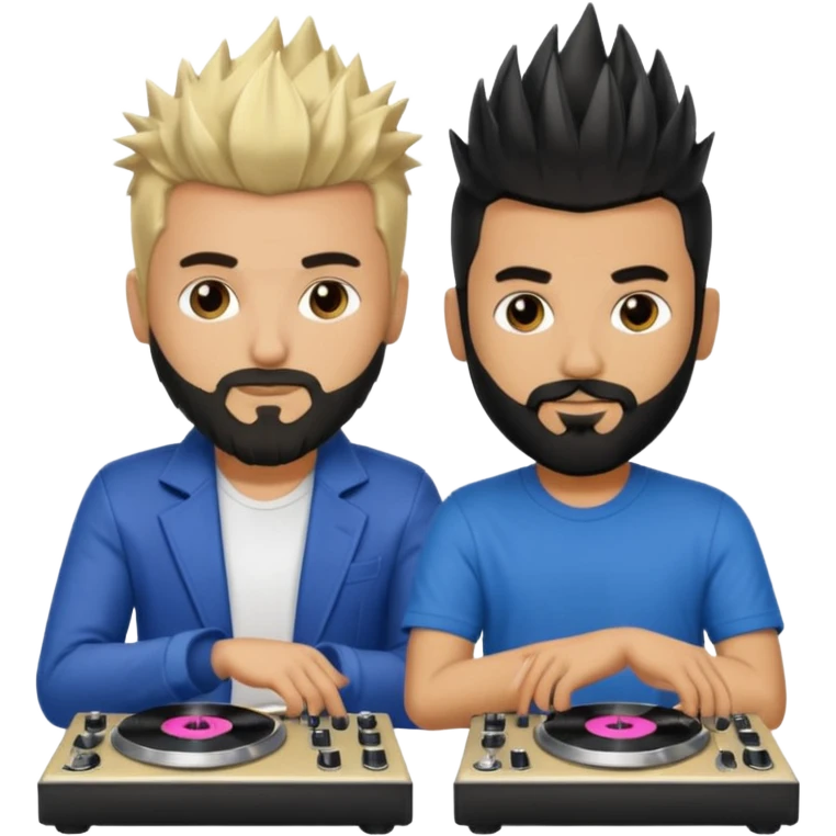 Two male dj’s, one with a long spiky Blonde hair, the second one black short hair and black beard emoji