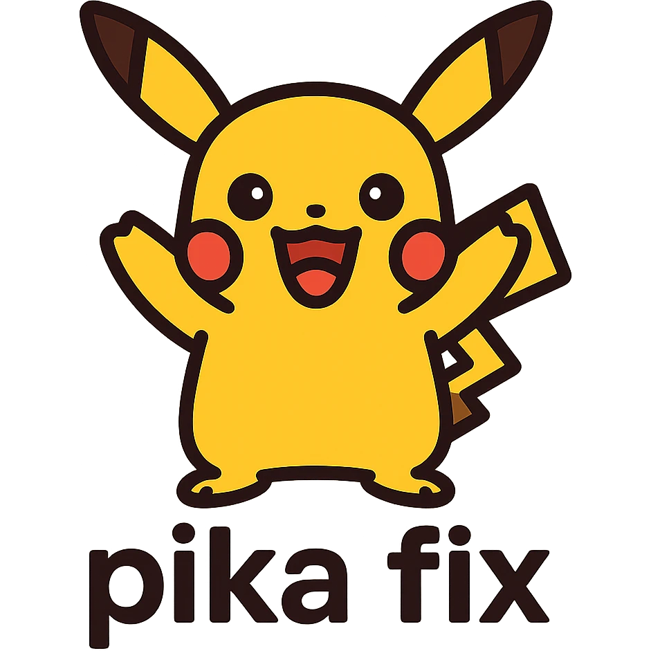 Edit the Pikachu character to be cute and energetic with two lines of text below it: 'pika' on the first line and 'fix' on the second line. Use a colorful lineal icon style with black outlines. Remove the background. emoji
