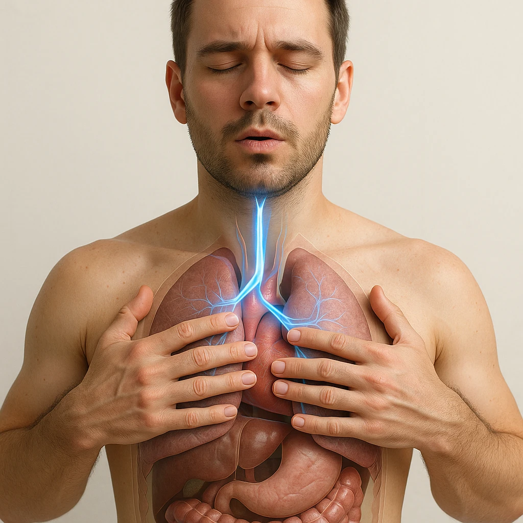 realistic 4K image of a man improving his vagus nerve through breathing protocols, front view, anatomical details, highlighted vagus nerve path with blue glowing effect, man with hands on chest breathing deeply, transparency on internal organs, light background emoji