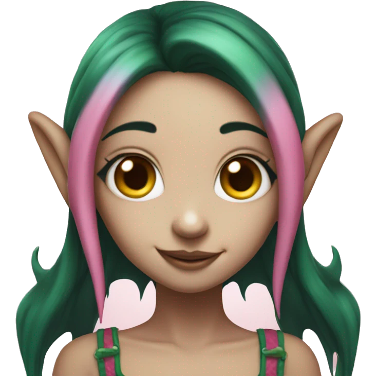 Pink fairy elf girl with dark green hair, tooth gap, and four eyes emoji