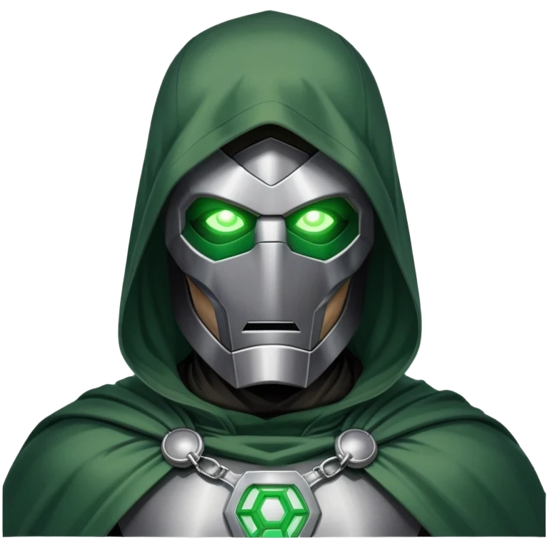 Doctor Doom standing with glowing green eyes visible through his metal mask, wearing green cloak emoji