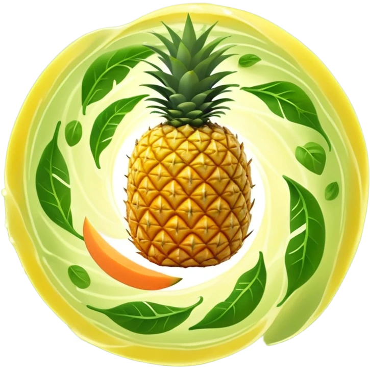 Golden pineapple slices, translucent papaya pieces, and green sprouts floating in a gentle spiral around a luminous stomach, with flowing light lines swirling like whirlpools, representing light, clean, and vibrant digestion. The foods emit a soft glow showing their enzymatic properties. emoji