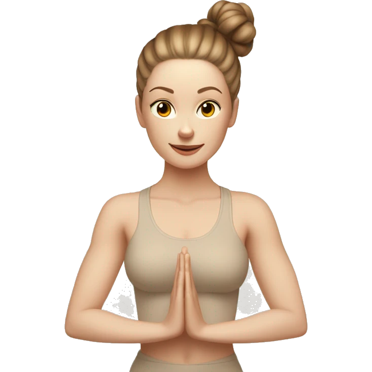 Pale skinned fit women in a beige tight yoga suit and wristbands with brown hair in a bun doing yoga emoji
