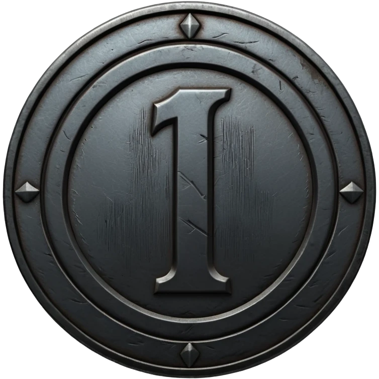 Minimal emoji, gothic metal coin made of black steel, engraved number 1 at the center, ancient industrial aesthetic, worn metal texture, no glow, no neon, flat emoji design, centered, transparent background emoji