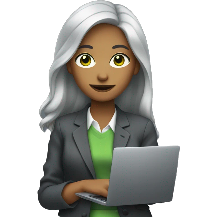 girl with gray hair, green eyes, in a suit with a laptop emoji