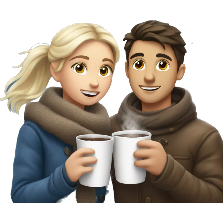 Blonde girl and brunette boy drinking hot cocoa when its snowing emoji