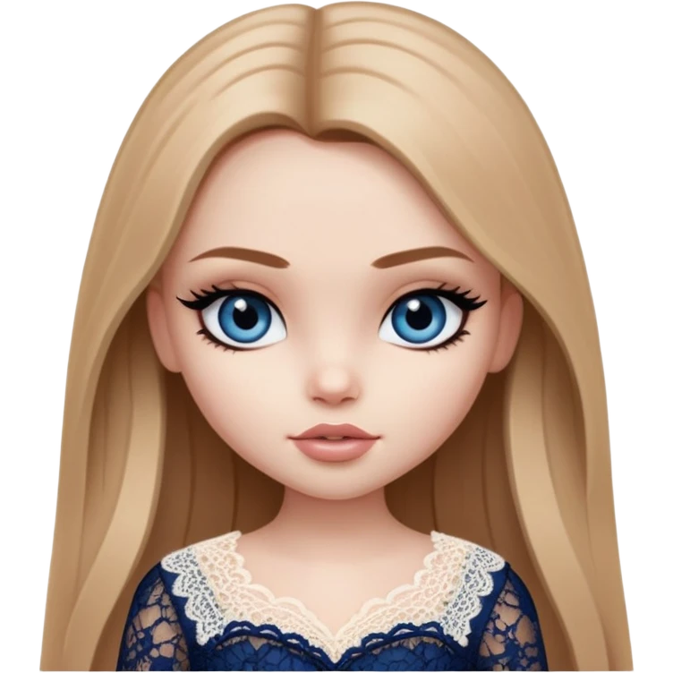 pretty bratz girl, long straight light brown hair, dark blue eyes, black eyeliner, pale skin, light girly lace clothes emoji
