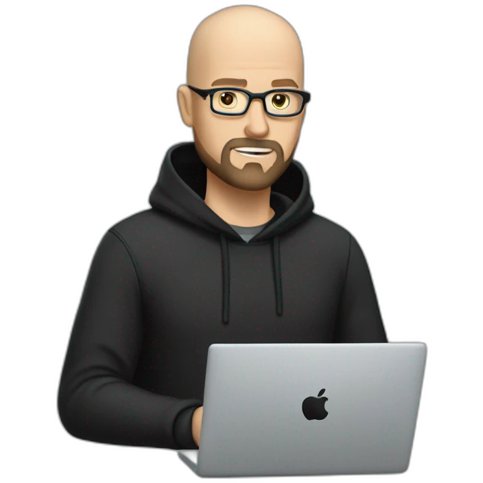 bald white man with glasses and a black beard typing on apple computer wearing a black hoodie emoji