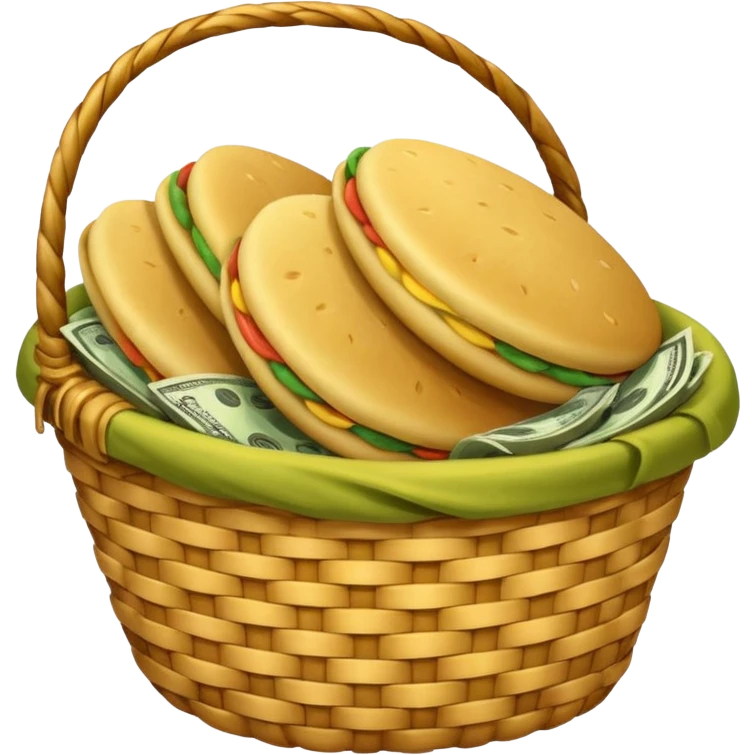 baskets, some overflowing with money, others with colombian arepas emoji