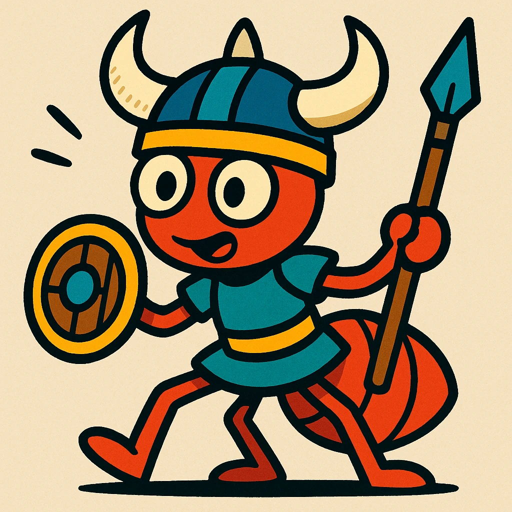 viking warrior ant, horned helmet, tiny shield, cartoon style, vibrant colors, bold lines emoji