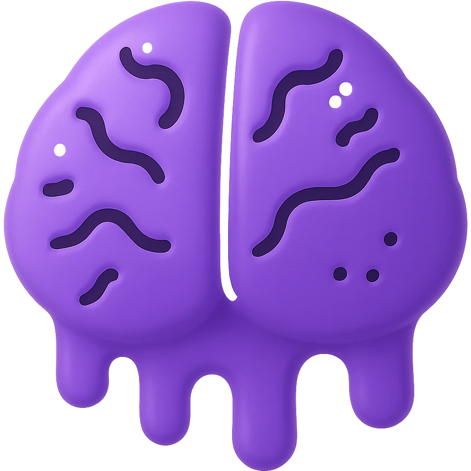 Make this 3D purple melting brain icon fully front facing (not isometric), keep pixel art accents and shiny look, with transparent background. emoji