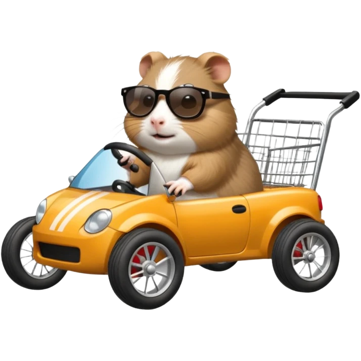 Racing drift car whose frame and suspension is made of shopping cart material with a large rear spoiler is being professionally steered driven by a small thin Guinea pig  emoji