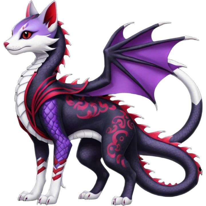 Kawaii feral, four-legged gothic dark badass black, red, purple, beautiful pretty elegant divine edgy feline-vernid-sergal-Haku-dragon-fursona-animal-creature, full body, with intricate detailed markings, silken shawl emoji
